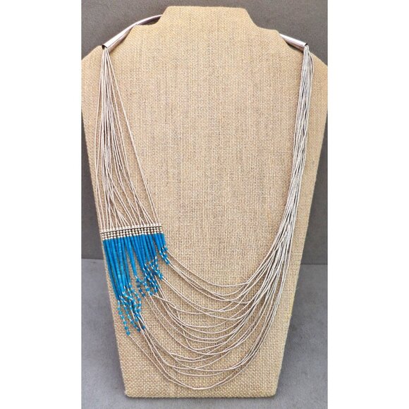 Vintage Multi-Strand Liquid STERLING Silver TURQUOISE NECKLACE 24" Southwestern - Picture 1 of 8
